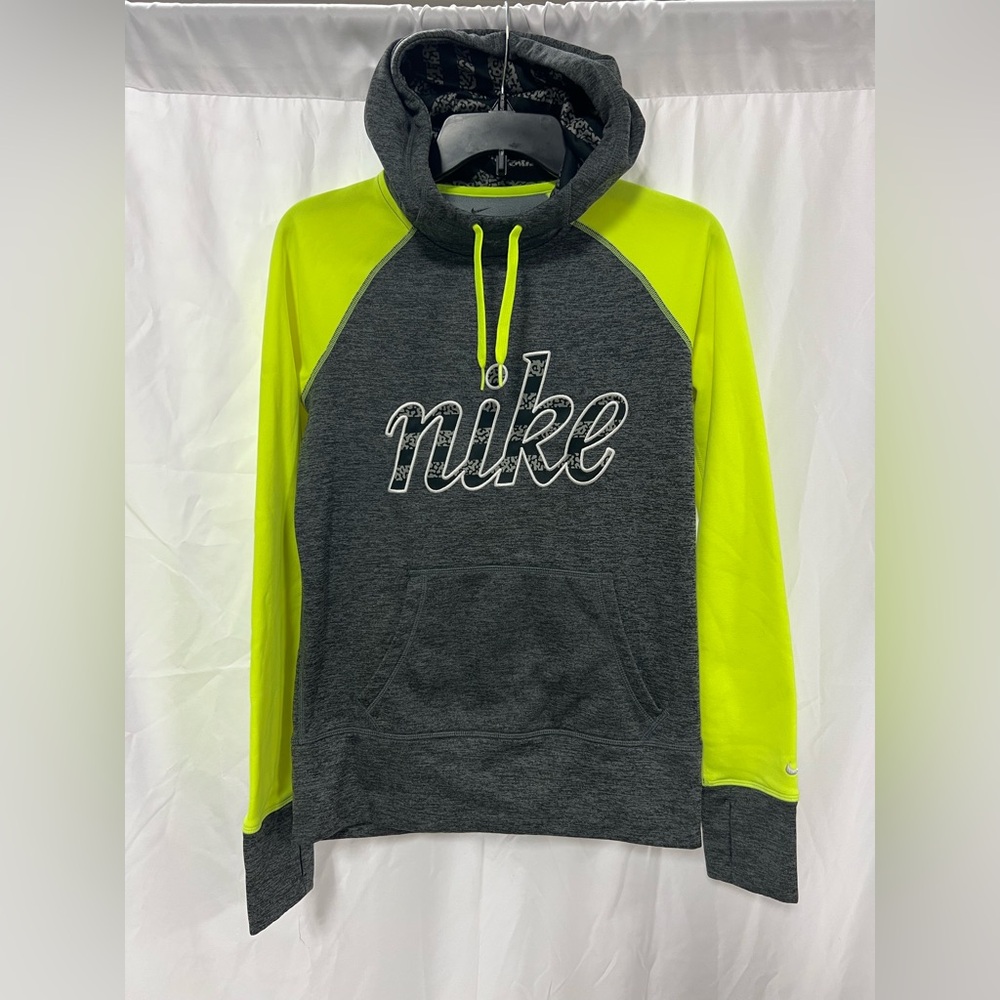 Nike Therma-Fit Hoodie Fleece Lined Gray Neon Yellow Womens Size Small